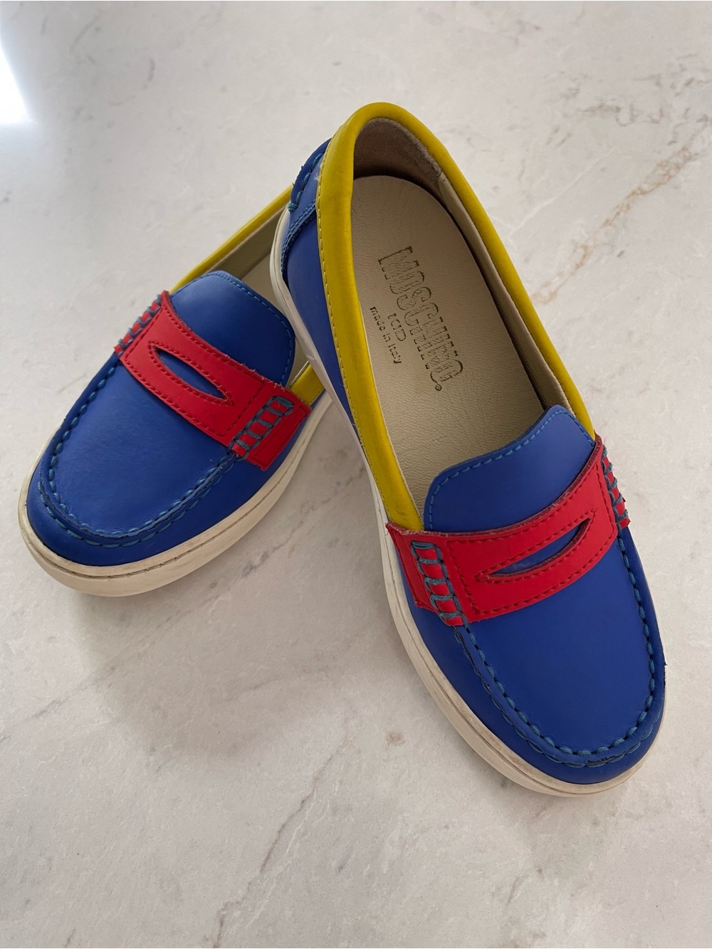 MOSCHINO KIDS Blue, Red & Yellow Leather Penny Loafers - EUC - EU29/US11.5 KIDS - Picture 11 of 12
